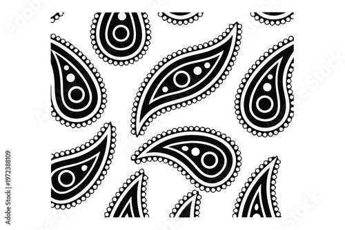 Black paisley pattern on white background with teardrop shapes