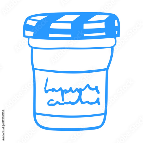 A jar of jam with a checkered lid. Preserved food, jam in glass. Cozy and homey hygge style. Hand-drawn vector line art. Flat icon in a Mediterranean blue style.
