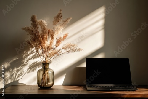 Warm Sunlight Illuminates Dried Pampas Grass and Laptop on Wooden Desk.