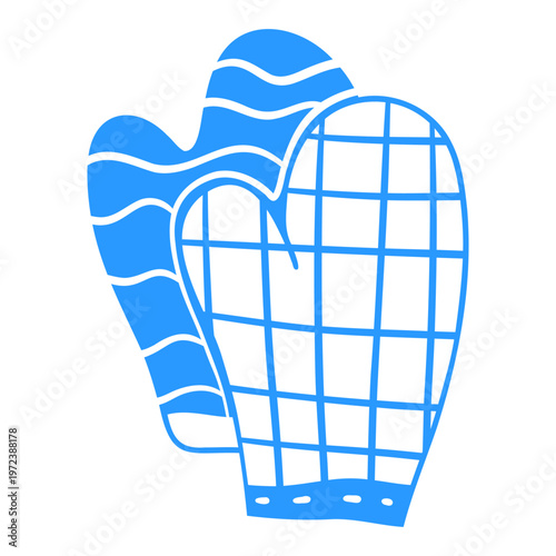 Two mittens, striped and checkered. Kitchenware and textiles. Cooking and baking tools. Food recipe illustration. Vector hand-drawn line art. Flat icon in a Mediterranean blue style.