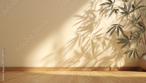 Warm Sunlight Casts Bamboo Shadows on a Textured Wall and Wooden Floor.