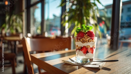 Delicious Yogurt Parfait with Fresh Berries and Nuts in a Cafe Setting.
