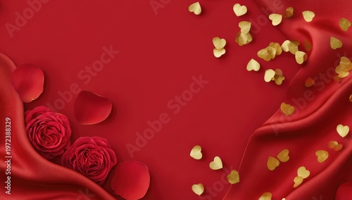 Elegant Red Silk Fabric with Roses and Golden Hearts for Romantic Occasions.