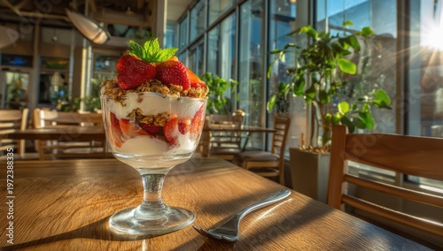 Delicious Strawberry Parfait with Granola and Yogurt in a Glass Dish.