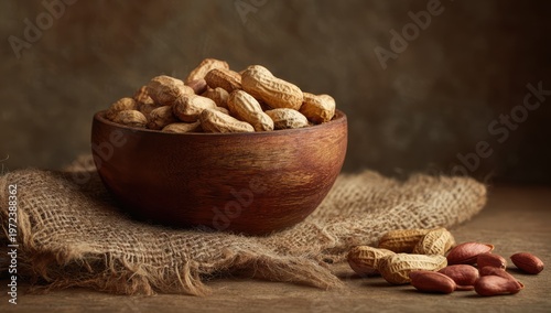 Still life of peanuts in a wooden bowl on burlap.