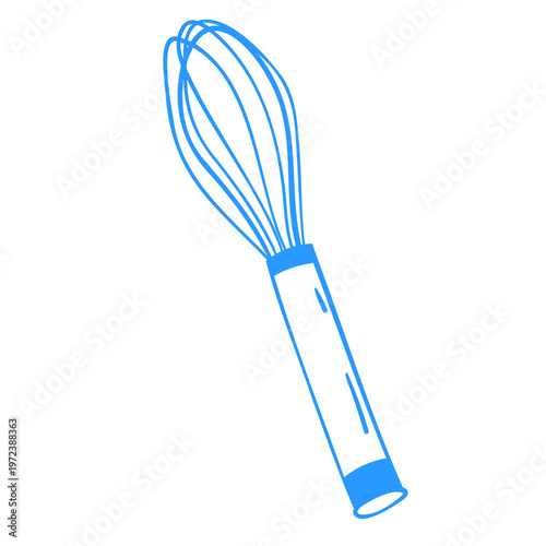 Whisk for whipping cream. Kitchenware. Cooking tools. Food recipe illustration. Vector hand-drawn line art. Flat icon in a Mediterranean blue style.