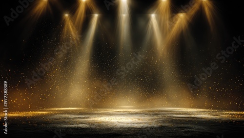 Golden Stage Spotlight with Dust Particles and Bokeh Effects.