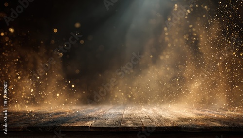 Golden Dust Particles Exploding on Wooden Surface with Dramatic Lighting.