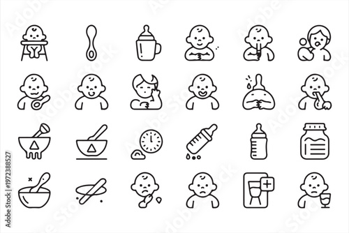 Infant Care Icons Featuring Bottle Feeding and Baby Health Symbols