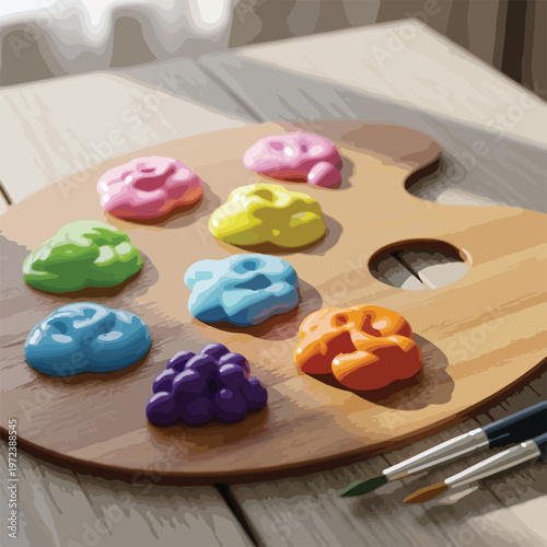 Colorful paints on palette closeup.