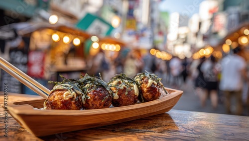 Delicious Takoyaki Balls Served at a Bustling Japanese Street Food Market.