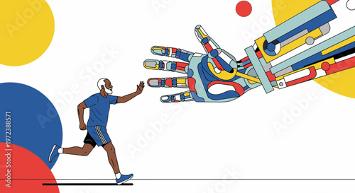 Elderly man running towards a robotic hand, symbolizing the integration of technology and aging gracefully.