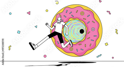 Dynamic illustration of a man running through a giant pink donut, a whimsical portal of sweet escape and playful fantasy with colorful confetti.