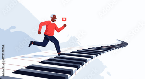Energetic senior Black man running on a winding path of piano keys, symbolizing a vibrant life journey, passion for music, and social engagement.