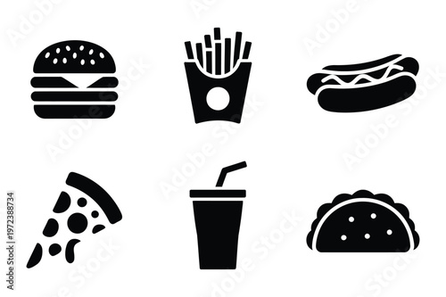 Fast food icons: burger, fries, hot dog, pizza, drink, taco