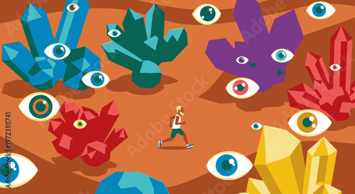 Surreal landscape with colorful crystals and eyes watching a person running, abstract concept