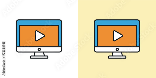 Desktop computer monitor displaying a play button icon, symbolizing online video content, digital media streaming, and virtual entertainment services
