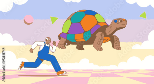 Man in overalls chasing a colorful tortoise with geometric shapes in a playful, surreal background