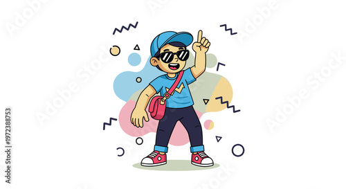 Happy cartoon boy in sunglasses and cap pointing finger up, with colorful abstract shapes in the background