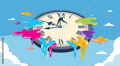 Man running on melting clock face symbolizing time passing, deadlines, and stress in a surreal, colorful illustration