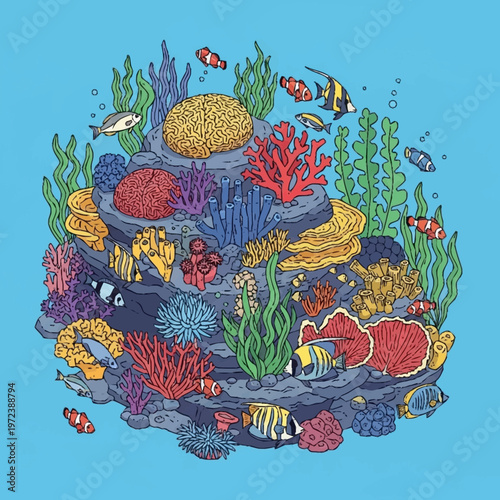 Vibrant coral reef ecosystem with diverse marine life.