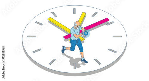 Man running on a giant clock face, symbolizing time management, deadlines, and the race against time.