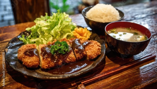 Delicious Japanese Tonkatsu Meal with Rice and Miso Soup.