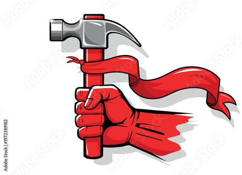 May Day red fist with hammer and red flag. Labour Day vector template for greeting card on transparent background