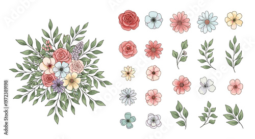 Elegant hand drawn floral arrangement and collection of individual flower and leaf elements for custom design projects.
