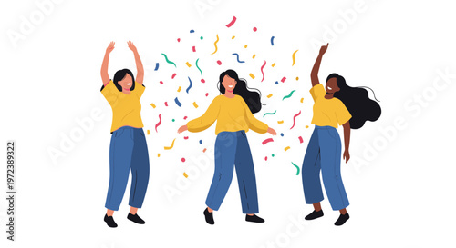 Happy group of three joyful women dancing and celebrating with colorful confetti raining down on white background.