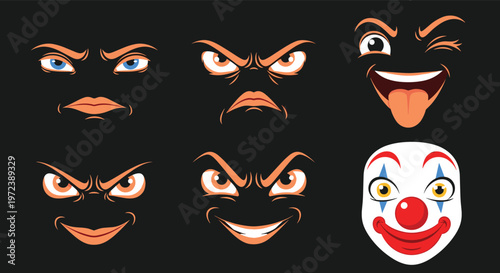 Collection of various expressive cartoon faces showing different emotions and a clown mask on a dark black background.