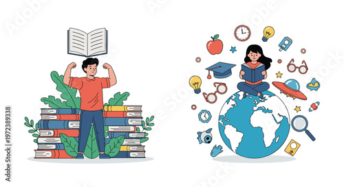 Strong young boy lifting a book next to a girl reading while sitting on the world globe surrounded by various education icons.
