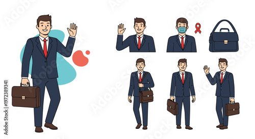 Professional businessman character in various poses waving wearing a face mask and carrying a briefcase for corporate concepts.
