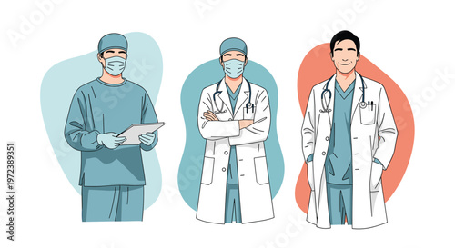 Professional medical team of three doctors wearing surgical scrubs and white lab coats with masks and stethoscopes.