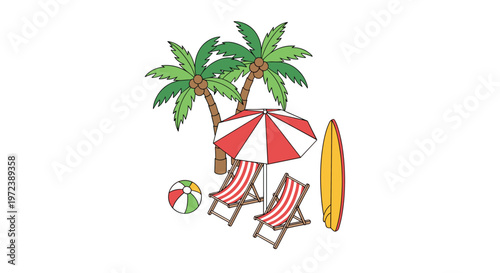 Tropical summer beach holiday setting with two striped deck chairs under a sun umbrella near palm trees and surfboard.