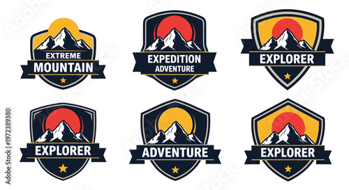 Collection of vintage style adventure and exploration badges featuring snowy mountains and suns for outdoor hiking and climbing.