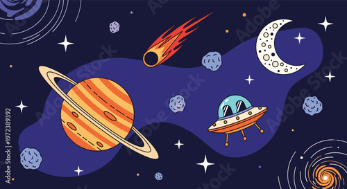 Outer space adventure scene with a colorful ringed planet a flying saucer comet stars and a crescent moon in a dark galaxy.