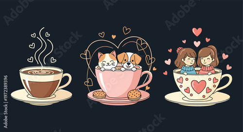 Three cozy drink cups featuring a simple latte art cat and dog friends and two girls with hearts on a dark background.