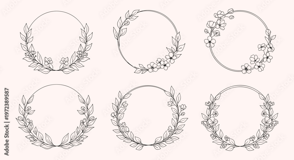 Obraz premium Six elegant circular wreath designs made from hand-drawn black ink sketches of flowers and leaves for invitations and cards.