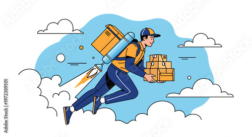 Concept of fast delivery services featuring a courier flying through the clouds with a jetpack rocket while carrying several cardboard boxes.