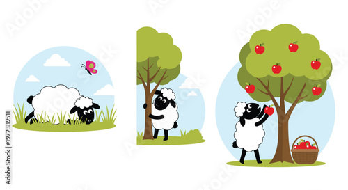 Cute cartoon sheep in three farm scenes including grazing in green grass, hiding behind a tree, and picking red apples into a basket.