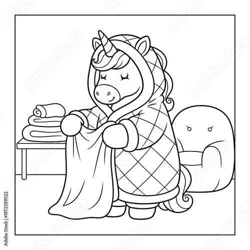 Unicorn cute cozy character folding laundry at home with soft towels and chair coloring page