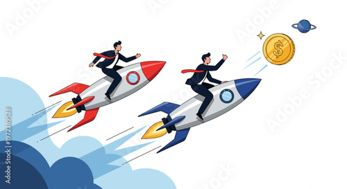 Concept of business competition and success showing two businessmen flying on rockets through space while chasing a large golden coin.