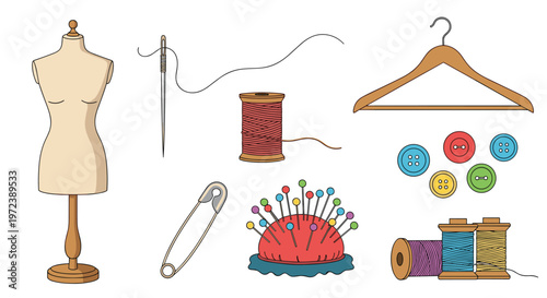 Comprehensive set of sewing and dressmaking tools including a tailor mannequin, needle, thread spools, safety pin, pincushion, and buttons.