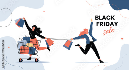 Energetic scene of two women running with shopping carts and bags to represent a Black Friday sale event with exciting discounts.