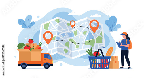 Concept of online grocery shopping and delivery showing a courier tracking a route on a map while a truck and basket are full of food.