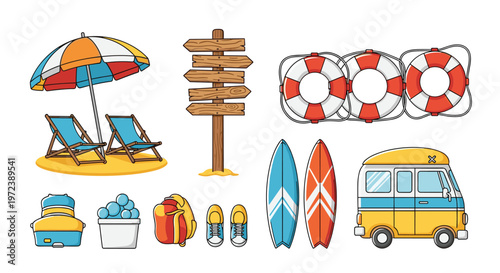 Set of summer beach vacation essentials including umbrellas, lounge chairs, surfboards, suitcases, van, lifebuoys, and wooden signs.