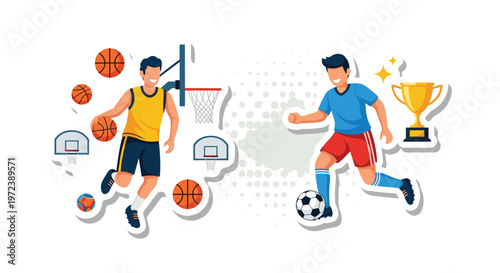 Dynamic illustrations of male athletes playing basketball and soccer accompanied by sports equipment and a large gold trophy.