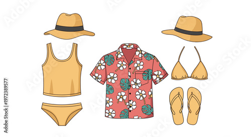 Selection of tropical summer apparel including a floral print shirt, sun hats, swimsuits, and flip flops for beach vacations.