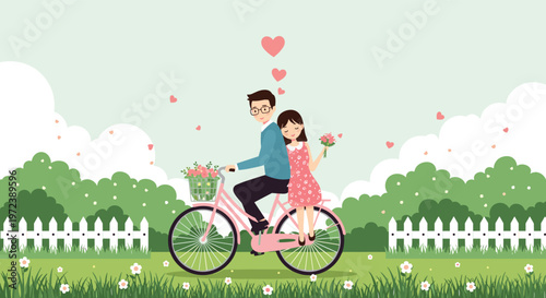 Romantic scene of a young couple riding a bicycle together through a blooming park with hearts and flowers for a Valentine date.